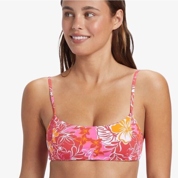 Roxy Juniors Sea Spray Bralette Bikini Top - Hilo Hibiscus Printed Swimsuit Red - Picture 1 of 12